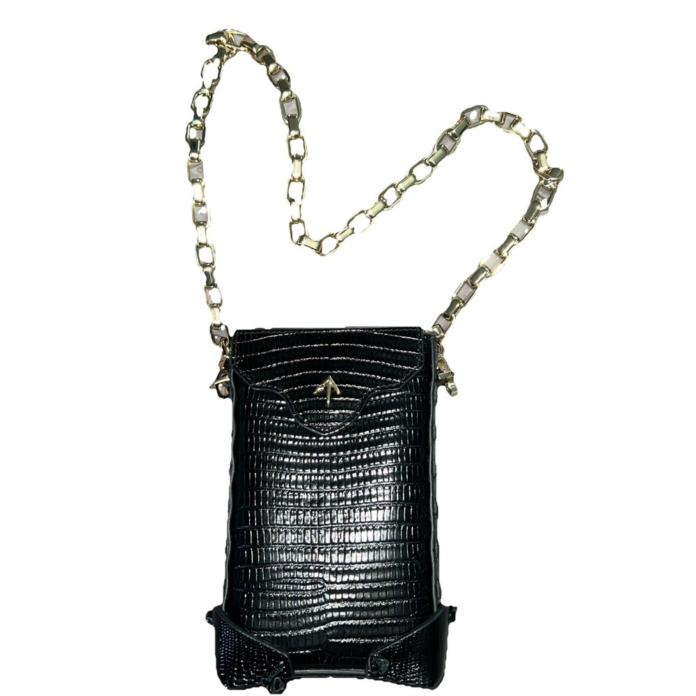 Manu Atelier Mini Pristine Leather Shoulder Bag Black Croc Embossed Gold Chain